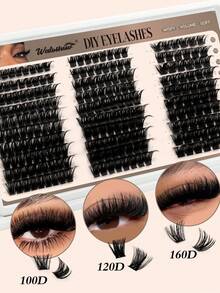 Waloshow 160D+200D+300D/100D+120D+160D/60D+80D+100D 俄罗斯3D卷翘浓密假睫毛套装，D型卷翘簇状假睫毛，长度10-18mm，DIY睫毛嫁接套装，自然妆效，可重复使用，分段式单根假睫毛，轻盈柔软，DIY睫毛簇 - D - 查看 7