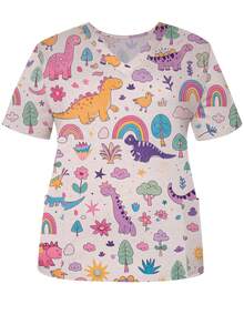Comfortable Plus Size V-Neck Short Sleeve Nurse Uniform Top With Dinosaur And Rainbow Print - Multicolor - View 3