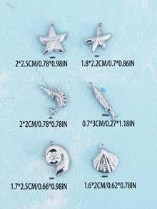 15 piezas de accesorios de joyería de acero inoxidable con diseños de estrellas de mar, conchas, peces y otros motivos de playa y océano para hacer collares y pulseras de estilo de vacaciones en la playa - Plateado - Ver 7