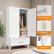 71" Tall Metal Wardrobe Cabinet With 2 Drawers And Hanging Rod, 2 Doors Wardrobe Closet With Shelf For Bedroom, Office, Laundry Room,Entryway ,Foyer,Guesthouse (White) - 60吋高 1個抽屜 + 白色 + 鋼 - 查看 5