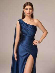 VIPGIRL Đầm dạ hội cao cấp màu xanh hải quân mới về, thiết kế tay áo bèo nhún bất đối xứng, xẻ tà cao, thanh lịch dành cho nữ. - Xanh đậm - Xem 11