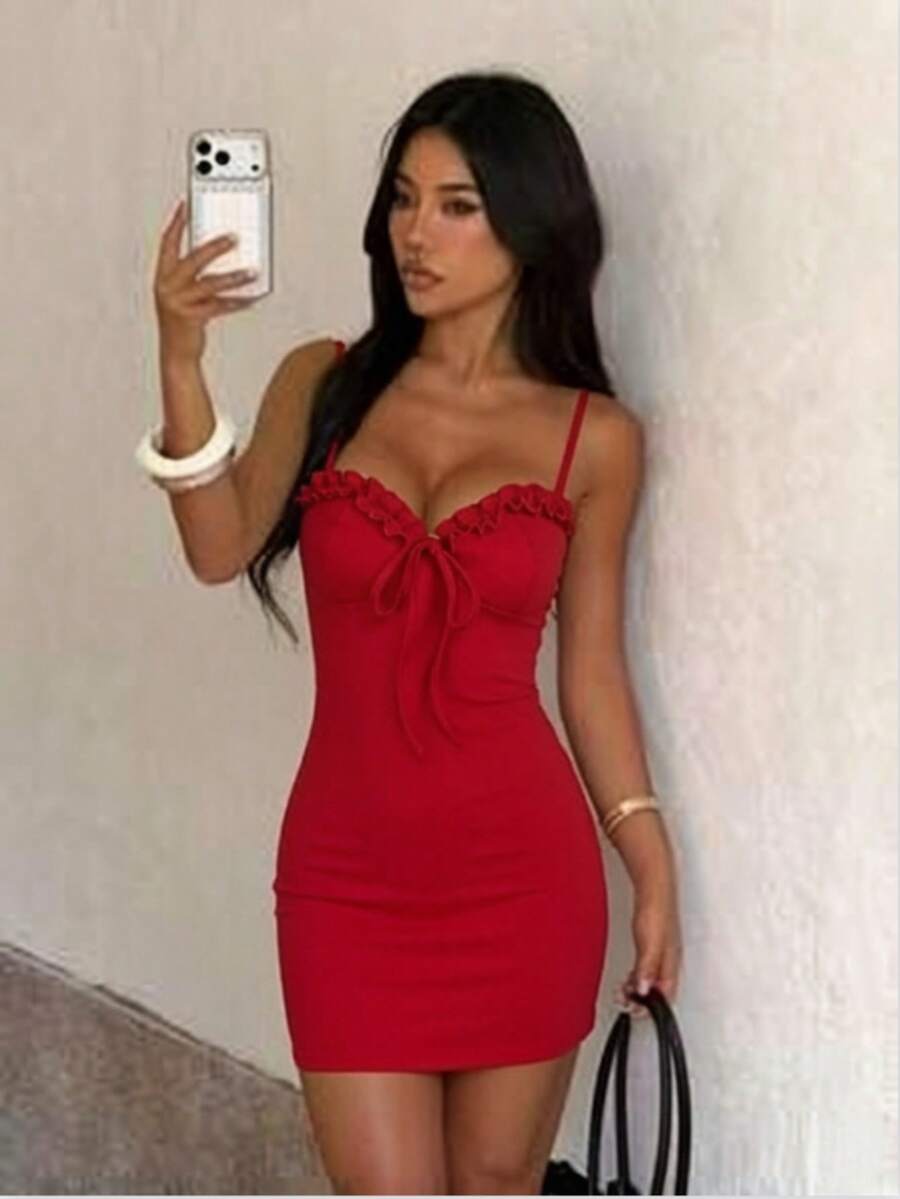 1 pieza Nuevo vestido de verano de un solo color con tirantes de espagueti, vestido mini elegante rojo, adecuado para la playa, vacaciones y ocasiones de cita