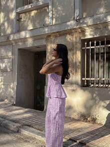 Conjunto de 2 piezas de moda casual elegante para mujer - Blusa con cuello de corazón y parches de encaje bicolor a cuadros, camiseta ajustada con pliegues en la espalda, bolsillos laterales, pantalones anchos con pliegues, adecuado para ir a la oficina, vacaciones, uso diario en verano - Púrpura malva - Ver 5