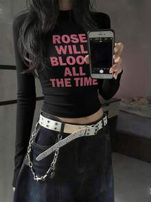 Round Neck Long-Sleeved T-Shirt American Hottie, New Spring And Autumn Letter Prints, Women's Short Slim Bodywear Casual - Advanced Black - View 2