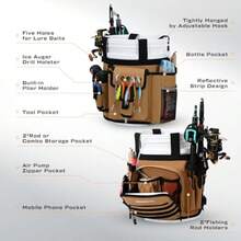 Boomistry Organizador de cubeta de pesca para accesorios de cubeta de 5 galones bolsa de aparejos de pesca con hebilla ajustable bolsa para caña de pescar con 15 bolsillos múltiples para equipo de - caqui - Ver 4
