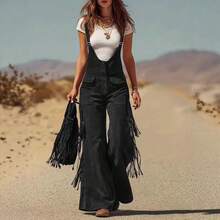 2026 New Retro Western Overalls For Women Suede Tassel Decorated Wide Leg Pants With Pockets Cowgirl Y2K Vintage Denim Jumpsuit Fashion  Fall Outfit - 黑色 - 查看 4