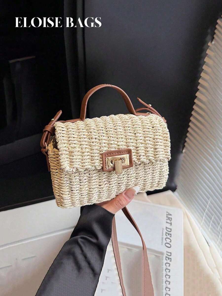 Fashionable Retro Personalized Straw Handbag, Versatile For Outings, Beach, Shoulder Crossbody Mini Square Bag