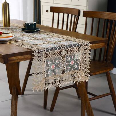 HXARTMIS 1pc Elegant Luxury White And Coffee Floral Lace Embroidered Edged Table Runner, Rectangular Tablecloth, Modern Centerpiece Decor, Contemporary Minimalist Decor, Reusable Non-Slip Protective Tablecloth, Suitable For Home Living Room Carpet, Dining Table, Bedroom, Living Room, Kitchen, Dining Room, Outdoor Garden, Party, Wedding, Birthday And Other Occasions, Also Applicable For Valentine's Day, Father's Day, Mother's Day And Other Holiday Decorations, Available In Multiple Sizes