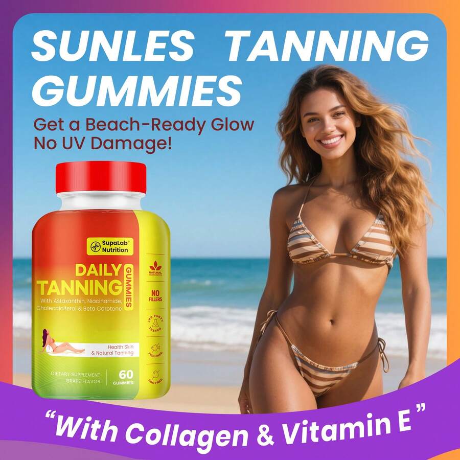 [3 Bottles]Tanning Gummies|Sunless Tanning, Skin Radiance & Hydration, Looking Glow & Bronzing | Beta Carotene, Lycopene, Astaxanthin & Vitamins| Gentle For Various Skin Types, 180 Gummies, 3 Bottles - 3 Bottles - Crazy Deals - View 1