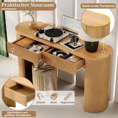 Stilvoller Konsolentisch Mit Schubladen Für Den Eingangsbereich, Sideborad Mit Geschwungener Front Und Verstellbaren Fußpolstern, Schmaler Konsolentisch Für Diele, Flur Oder Wohnzimmer (Natur)