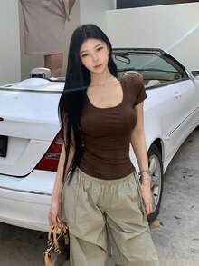 U-Neck Short Sleeve T-Shirt, Stretchy Slim Fit Solid Color All-Match Tee Casual Summer - Coffee Brown - View 7