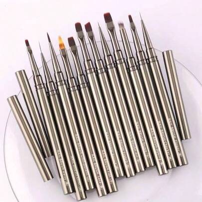 12pcs/Set Metal Nail Art Liner Brushes, Gradient Painting Dotting Pens, Nail Art Decoration Tools