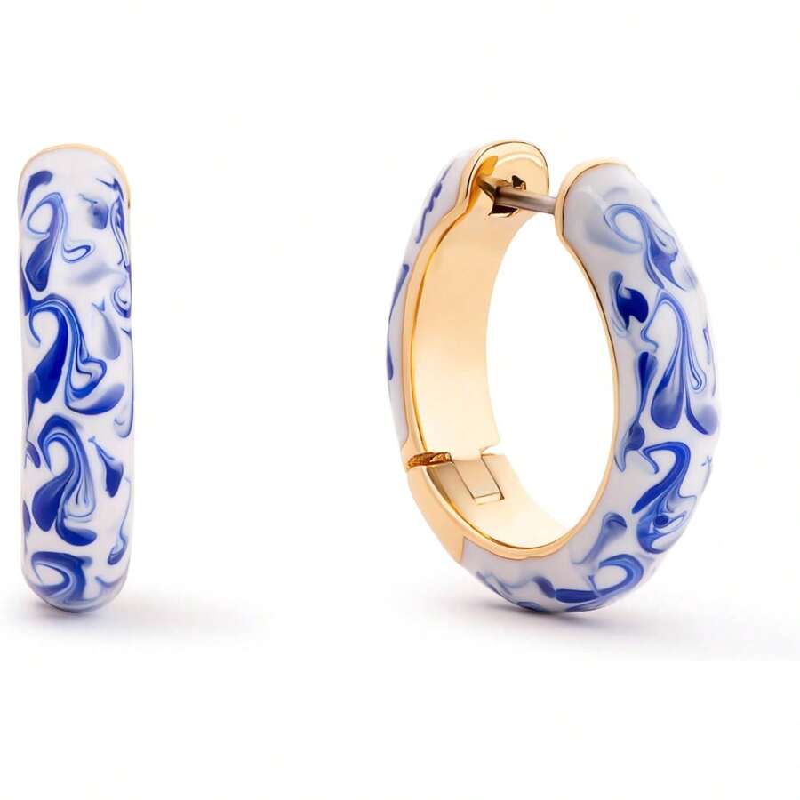 Earrings For Women - Hypoallergenic Water-Resistant Tarnish-Free Chunky Earrings For Women - 14K Gold Plated & Silver Rhodium Plated Hoops - Small, Medium & Large Size - 大理石藍-中等 - 查看 1