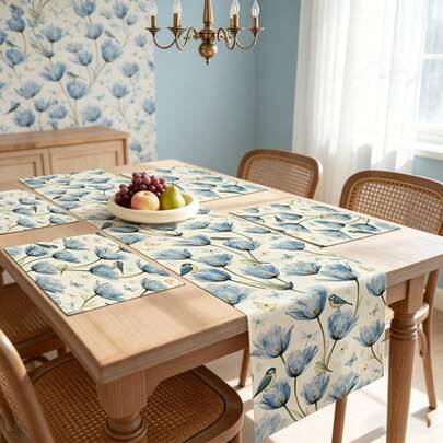 Caminho de mesa/toalha de cômoda com estampa de tulipas azuis (1 peça). Lavável. Ideal para decoração de mesa de cozinha, festas de fim de ano, casamentos, casa, mesas e cozinhas, além de ser perfeito para chá de bebê e outras ocasiões especiais.