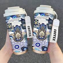 1个/5个装，500毫升波西米亚风哈姆萨之手造型保温杯，饰有神秘的眼睛图案，配有吸管和挂绳。采用防漏双层壁结构。这款实用日常水杯也是波西米亚风格爱好者的理想礼物，灵感源自异域美学，兼具时尚与实用性。 - 多色法蒂瑪之手 - 查看 2