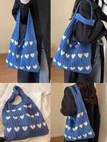 1 pieza Bolso de mano de ganchillo con contraste de color en forma de corazón, bolso de playa de gran capacidad y moda, versátil para ir y venir, regalo del Día de la Madre, adecuado para viajes a la playa en primavera, verano, otoño e invierno. Disponible en beige, albaricoque, azul, verde, caqui y otros colores, hecho de fibra de poliéster, adecuado para atuendos casuales, de playa y de trabajo, estilo bohemio, textura tejida, bolso de mano espacioso, esencial para vacaciones, también adecuado para oficina y vuelta al colegio, elemento de ganchillo, ambiente de vacaciones. - Multicolor - Ver 6