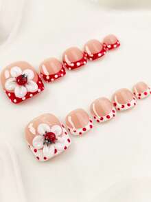 10片/套 优雅可爱方形美甲贴纸，手工美甲，Y2K白色和红色法式美甲贴纸，多功能手工3D花朵和3D瓢虫，手绘法式波点美甲贴纸，红色法式可爱风格，手工雕刻和昆虫元素设计，亚克力假指甲，优雅性感女士派对美甲贴纸 - 彩色 - 查看 11