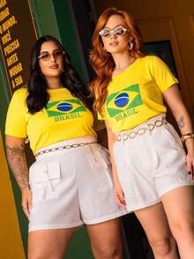 Brazil T-Shirt, Women's T-Shirt, World Cup, Green And Yellow Flag, 2026 , Sizes P To G3 Plus, 100% Cotton Fabric - 套件 02 黃/綠色 - 查看 2