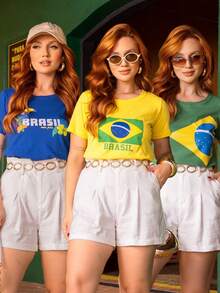 Brazil T-Shirt, Women's T-Shirt, World Cup, Green And Yellow Flag, 2026 , Sizes P To G3 Plus, 100% Cotton Fabric - 套件 03 綠/黃/藍 - 查看 5