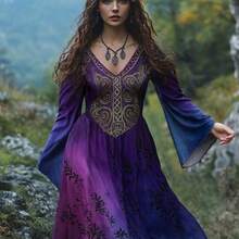 Plus Size, Women's Plus-Size Viking Celtic Knot V-Neck Dress - Elegant Long Formal Wedding Guest Gown, Machine Washable - Historical Costume With Varsity Suitable For Body Types - 紫藍色 - 查看 2