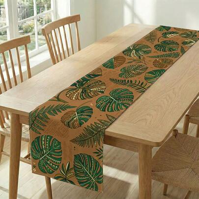1 件热带树叶印花桌旗，适用于节日、派对、生日、晚宴、餐厅餐桌装饰、四季皆宜、家居装饰