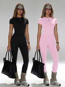 FWH Schmeichelhafter Sitz, vielseitig tragbar, Lift & Tuck Design, geeignet für Yoga, Fitness oder Casual, Damen Yoga Set, Hochbund Sporthose Set, Slim-Fit 2 Stücke Aktivwäsche Set, Bauchkontrolle Yoga Outfit, Slim Fit Rundhalsausschnitt T-Shirt kombiniert mit Hochbund Yoga Hose, Essenzielles 2 Stücke Set für Damen - Verschiedenfarbig - Übersicht 1