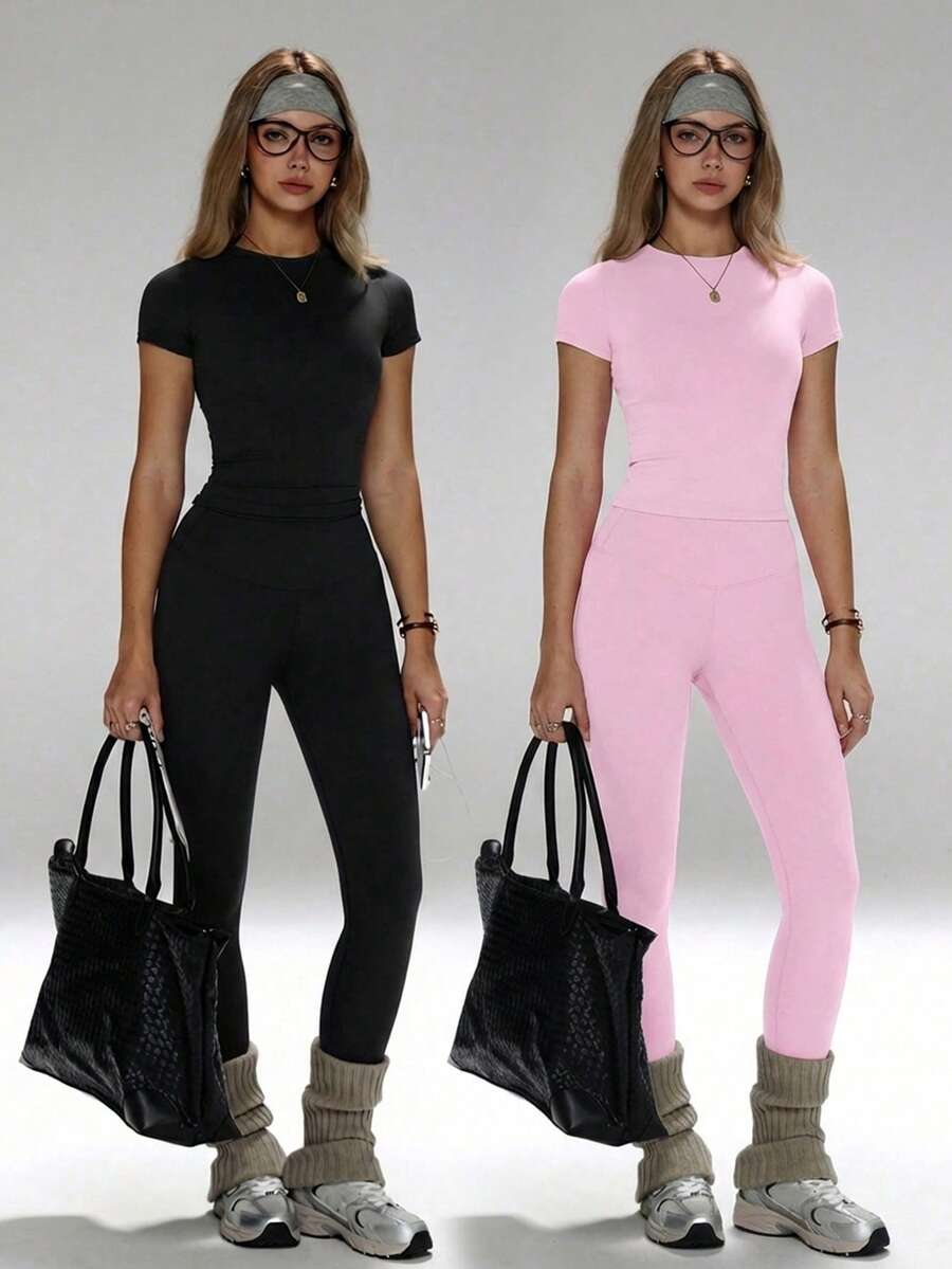 FWH Schmeichelhafter Sitz, vielseitig tragbar, Lift & Tuck Design, geeignet für Yoga, Fitness oder Casual, Damen Yoga Set, Hochbund Sporthose Set, Slim-Fit 2 Stücke Aktivwäsche Set, Bauchkontrolle Yoga Outfit, Slim Fit Rundhalsausschnitt T-Shirt kombiniert mit Hochbund Yoga Hose, Essenzielles 2 Stücke Set für Damen - Verschiedenfarbig - Übersicht 1