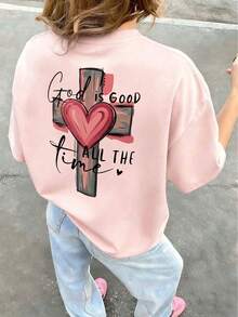 Women's Pink Pattern Short Sleeve T-Shirt With Cross And Heart Print, Loose Fit, Fashionable Versatile Crew Neck Top For Summer Casual - Pink - View 4