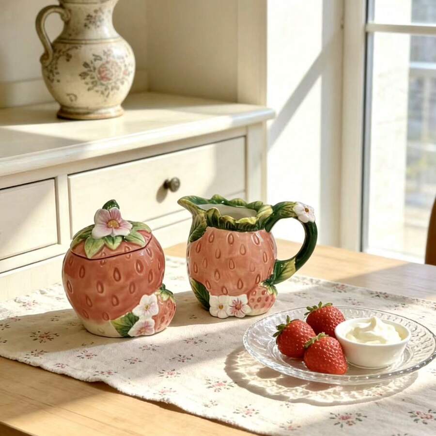 Juego de Azucarero y Jarra de Crema Rosa con Fresa, Azucarero y Jarra de Crema de Cerámica Lindos con Patrón Floral, Decoración de Cocina Estilo Campestre - Rosa coral - Ver 1