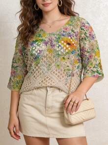 ASHKATIA Cubrecuerpo de punto para mujer talla grande, estilo bohemio, cubrecuerpo de playa de verano, manga 3/4, estampado floral retro para vacaciones de primavera - Multicolor - Ver 10