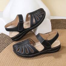 1 Pair Lightweight, Comfortable, Commute-Friendly Handmade Slip-On Wedge Sandals With Toe Protection, Lychee Textured Material, Women's Hook And Loop Sandals - Black - View 4