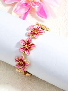 1 set Bracelet de cheville fleur rose dégradé fait main 5 pièces, style vintage, convient pour les vacances, les voyages, les sorties, le port quotidien, bijou élégant pour femmes - Rose bonbon - Voir 3