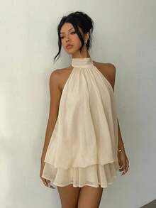 Vestido mini elegante de mujer con cuello halter y lazo en color amarillo claro - Rojo - Ver 2
