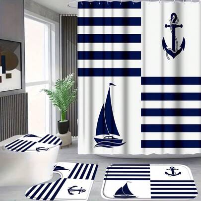 1/3/4Pcs Nautical Anchor Sailboat Shower Shower Curtain Set, Navy Blue Stripe Print Bathroom Decor, Waterproof Polyester, Non-Slip Bath Mat & Toilet Cover, Wild Flower Bathroom Accessories,12 Hooks Bathroom Accessories, Suitable For Rooms/Living Rooms/Homes/Bedrooms/Summer