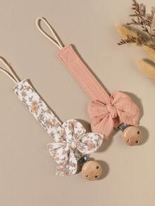 2pcs Baby Solid Color & Printed Pacifier Clips, Bowknot Wooden 3-Hole Pacifier Holder, Suitable For Daily Use, Blue, Pink, Khaki - Multicolor - View 14