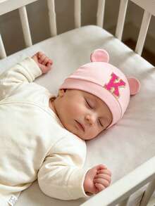 Mũ len cho bé màu hồng mềm mại, co giãn, thoáng khí, có chữ thêu viền vàng, chất liệu chenille, thích hợp cho bé từ 0-3 tháng tuổi, ngủ, dạo chơi và chụp ảnh. - Hồng - Xem 4