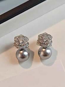 1 Pair Vintage French Style Gray Faux Pearl Elegant Camellia Flower Earrings, Unique Gentle Daily Wear For Women - Silver + Gray - View 4