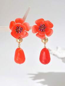 1 Pair Elegant Sexy Retro Bohemian Antique Silver Metal Flower With Golden Stamen, Wavy Ceramic Pendant, Faux Jade Blue Resin Block Asymmetrical Synthetic Resin Pendant Earrings, Suitable For Sexy Diva Party, Holiday Wear - Multicolor - View 6