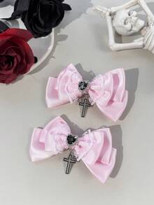 2pcs Gothic Style Pink & White Lace Ribbon, Crystal Heart Cross Accessories, Street Fashion Hair Clips, Suitable For Festival Outfits And Daily Wear For Gothic Enthusiasts,Travel,Party - Pink - View 5