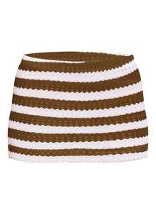 1 buah Rok Sweater Rajut Bergaris Warna Kontras dengan Detail Ribbed dan Lubang-lubang, Pakaian Pantai/Resor Musim Semi/Panas - Putih-coklat - View 2