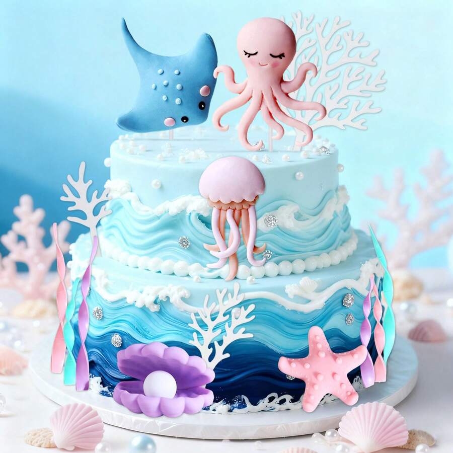 Decoraciones para pastel de cumpleaños con tema oceánico, regalos para fiesta oceánica, suministros para fiesta de revelación de género. No solo son hermosas decoraciones, sino que también hacen que tu pastel sea talla grande llamativo, perfecto para tomar fotos impresionantes. Son ideales para fiestas con temas de animales marinos, fiestas con temas de sirenas, fiestas con temas submarinos, fiestas temáticas, fiestas de cumpleaños, fiestas de verano y fiestas de playa. - multicolor - Ver 1