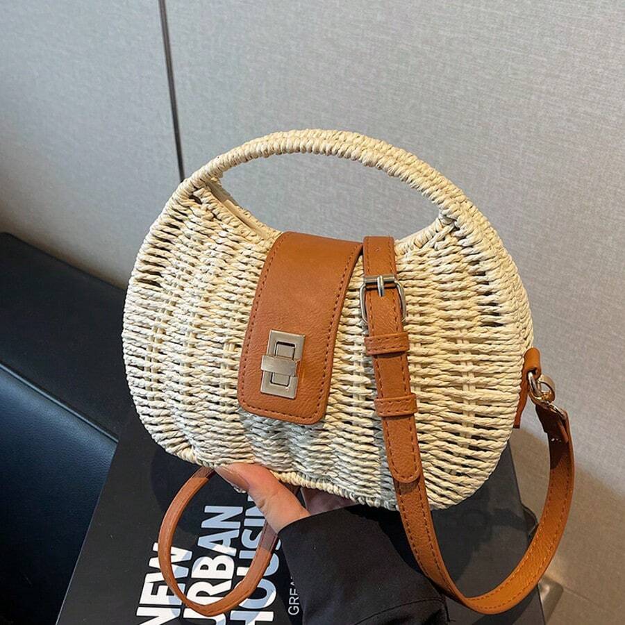 Bolsa Feminina de Palha com Alça de Madeira Estilo Verão Praia Casual | Fechamento de Cordão-FS601