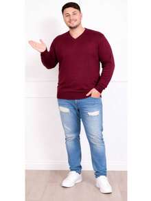 Plus Size Men's Winter Sweater/Blouse With V-Neck, Sizes G1-G4 - 酒紅色 - 查看 3