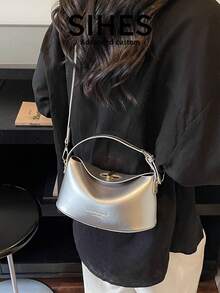 1个纯色PU皮革女士单肩斜挎包，时尚哑光质感手提包，拉链封口，可调节肩带，适合旅行、购物、约会，是送给女性、青少年、大学生、新手和职业女性的理想礼物，适用于办公室、学校、工作、商务、通勤、户外、旅行、野餐等各种场合。 - 銀色 - 查看 4