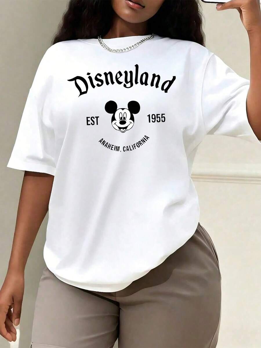 Women's Casual Cotton Round Neck Short Sleeve Regular Length T-Shirt With Mickey Mouse Disneyland Print - trắng - Xem 1
