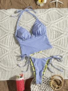 Conjunto de bikini de dos piezas con parte delantera anudada y espalda descubierta, estampado floral y de cuadros, reversible, para mujer "Lucky Girl", ideal para playa, vacaciones y verano - azul y amarillo - Ver 6