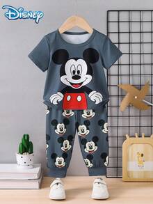 Disney 迪士尼男婴可爱大头米奇印花休闲短袖弹力腰柔软针织长裤睡衣套装 - 灰色 - 查看 2