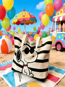 1 pieza Bolso de lona a rayas de Snoopy, bolso de mano casual de gran capacidad para ir y venir, regalo versátil y lindo adecuado para estudiantes, vuelta al cole, cumpleaños, Día de San Valentín, Día de la Madre - A - Ver 5