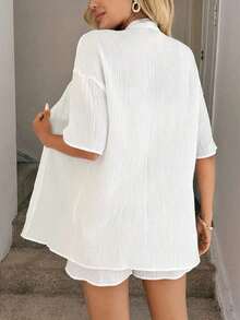 Conjunto de kimono de algodón blanco arrugado + shorts, look casual y ligero para vacaciones de primavera y verano - Multicolor 5 - Ver 8