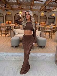 Women's Minimalist Elegant Knit Two Pieces Set, Casual Chic Style, Spring/Summer - Light Coffee - View 5